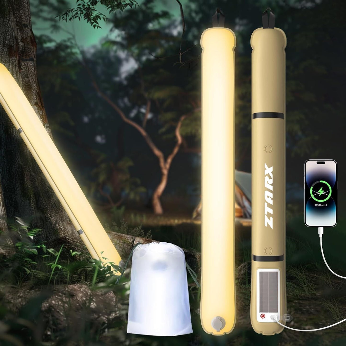 ZTARX Tube-S2.0 （khaki）Solar & USB Charging Inflatable LED Tube: Versatile Lighting for Outdoor Adventures