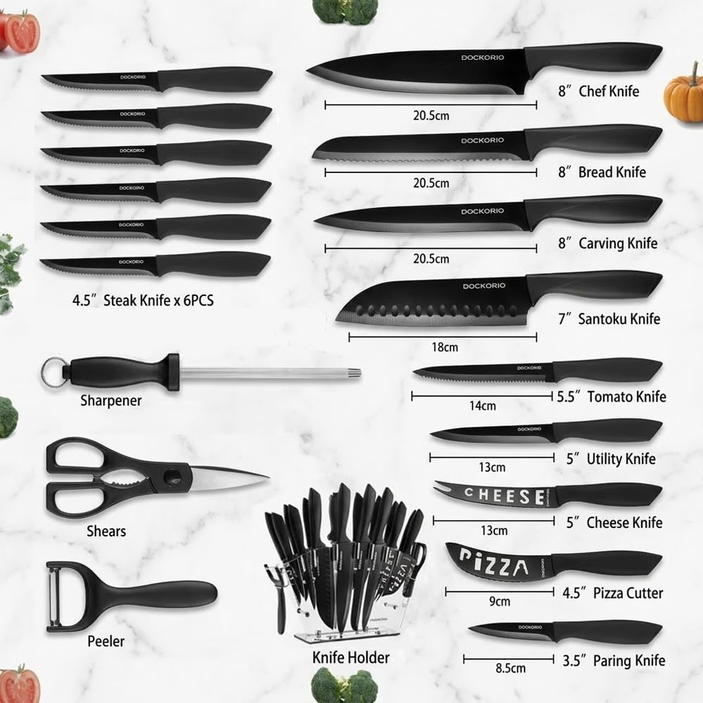 DOCKORIO Kitchen Knife Set with Block, 19 PCS High Carbon Stainless Steel Sharp includes Serrated Steak Knives Set, Chef Knives, Bread Knife, Scissor, Sharpener, all in one
