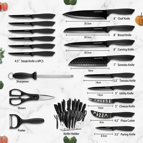DOCKORIO Kitchen Knife Set with Block, 19 PCS High Carbon Stainless Steel Sharp includes Serrated Steak Knives Set, Chef Knives, Bread Knife, Scissor, Sharpener, all in one