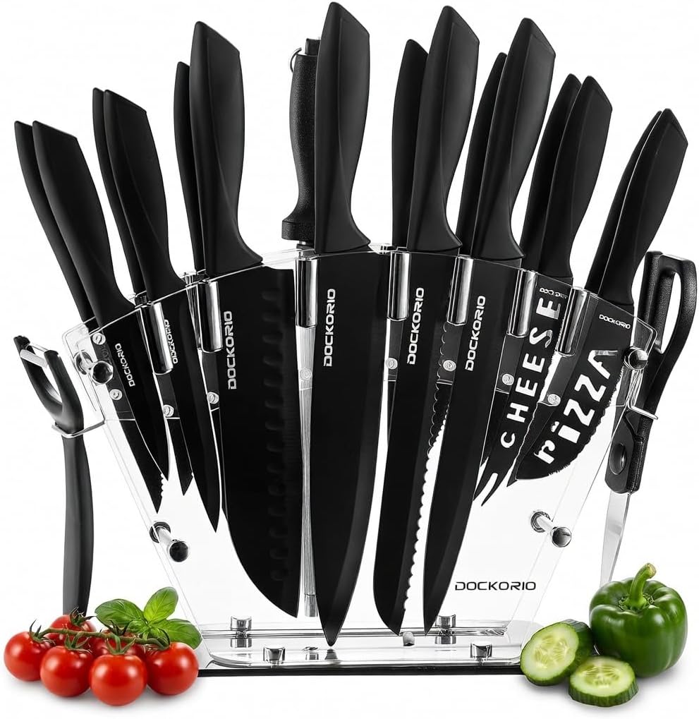 DOCKORIO Kitchen Knife Set with Block, 19 PCS High Carbon Stainless Steel Sharp includes Serrated Steak Knives Set, Chef Knives, Bread Knife, Scissor, Sharpener, all in one