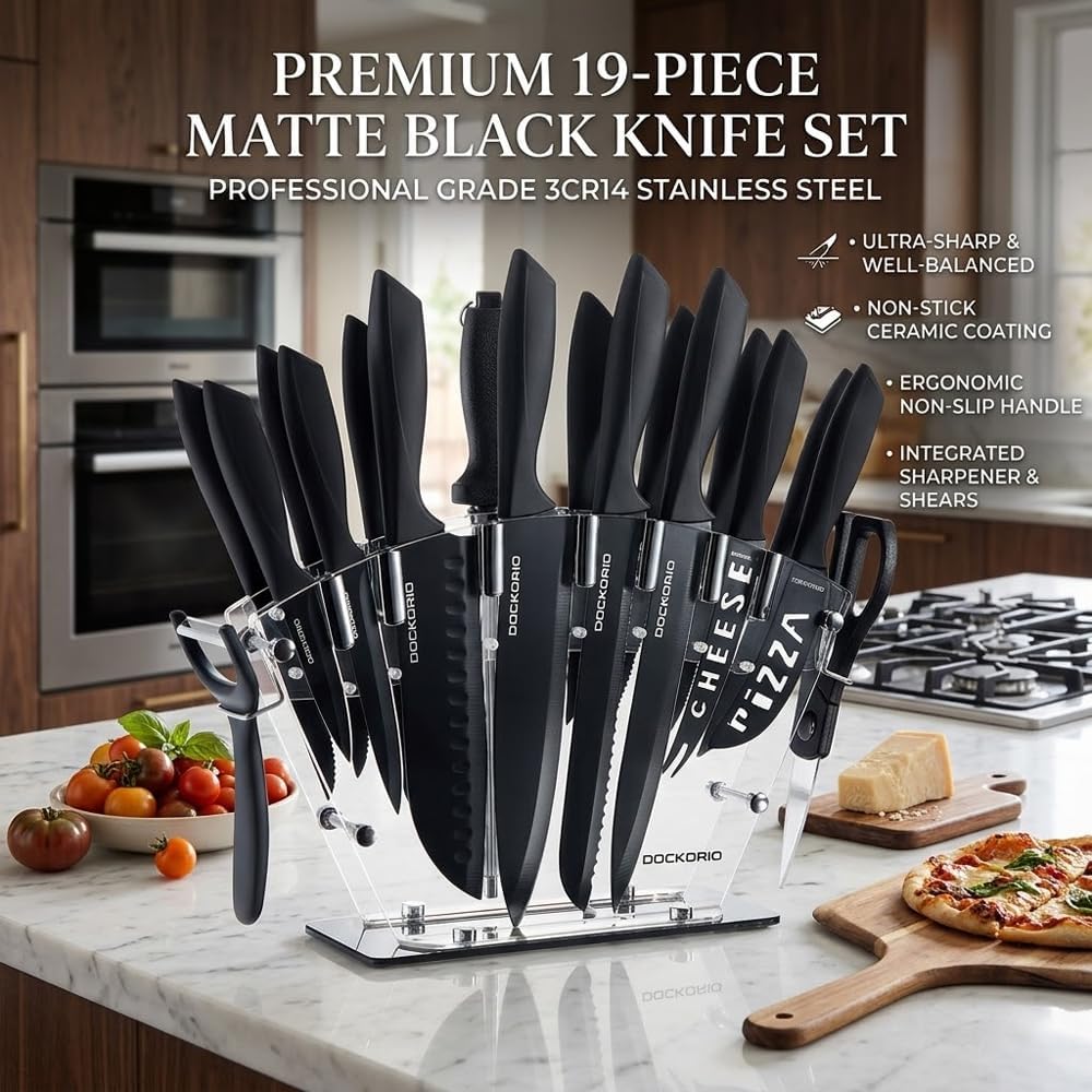 DOCKORIO Kitchen Knife Set with Block, 19 PCS High Carbon Stainless Steel Sharp includes Serrated Steak Knives Set, Chef Knives, Bread Knife, Scissor, Sharpener, all in one