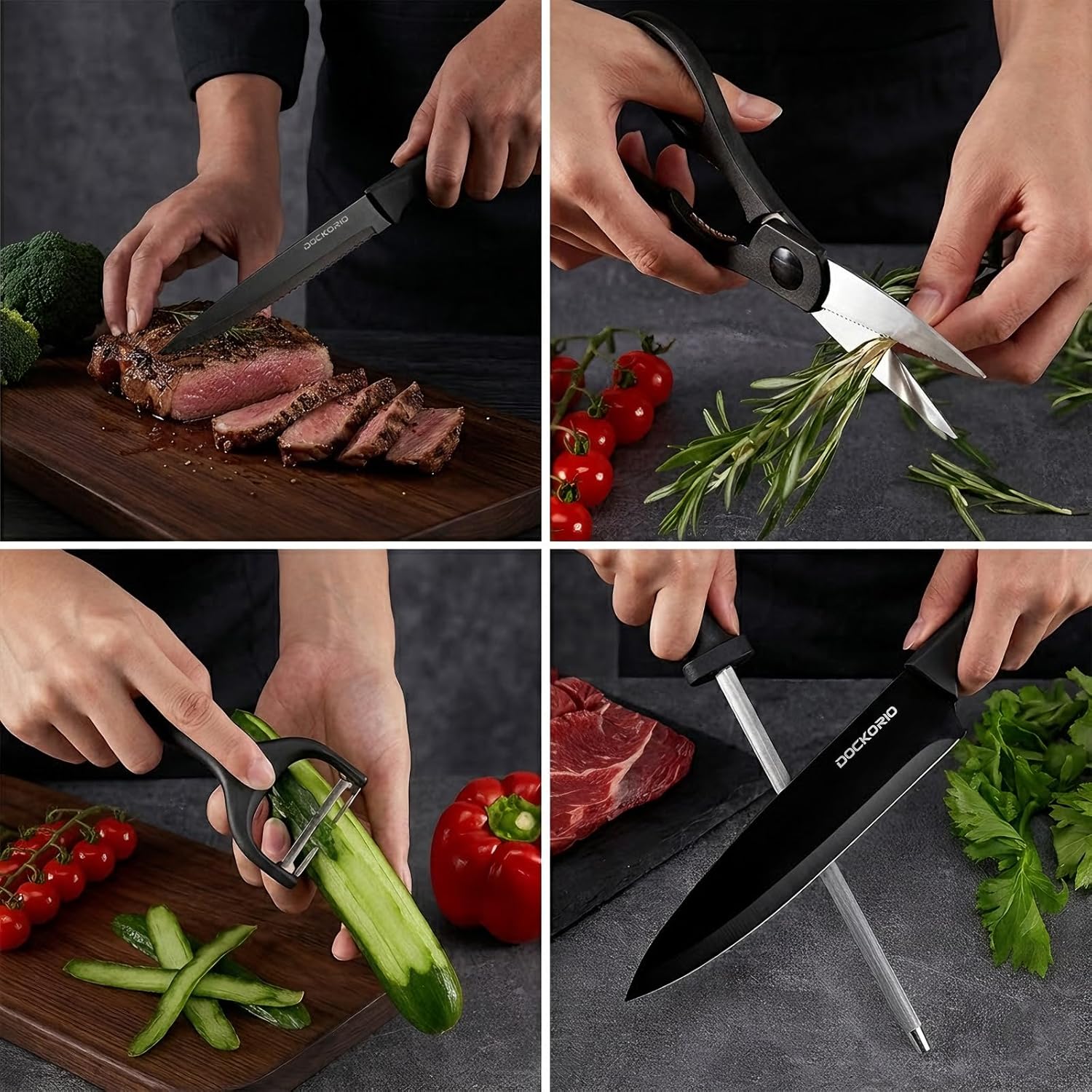 DOCKORIO Kitchen Knife Set with Block, 19 PCS High Carbon Stainless Steel Sharp includes Serrated Steak Knives Set, Chef Knives, Bread Knife, Scissor, Sharpener, all in one